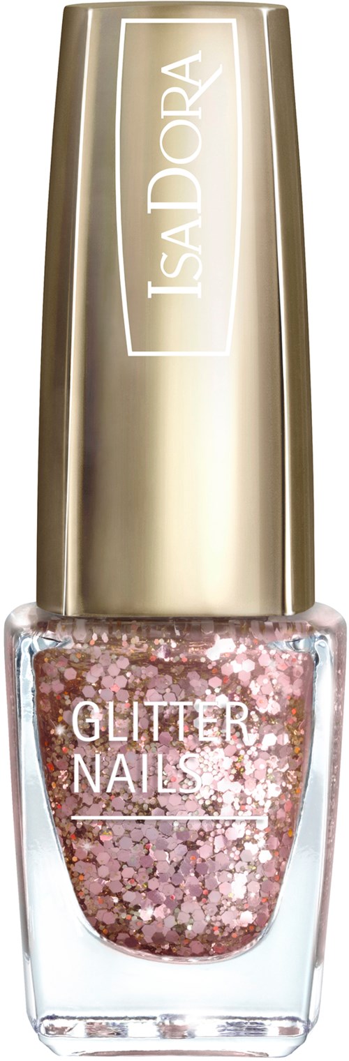 En flaska glitternagellack med guldlock och rosa skimmer inuti.