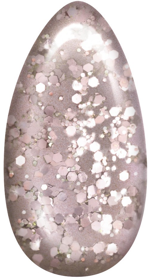 En nagel målad med ljusrosa lack och fylld med glittrande silverglitter.