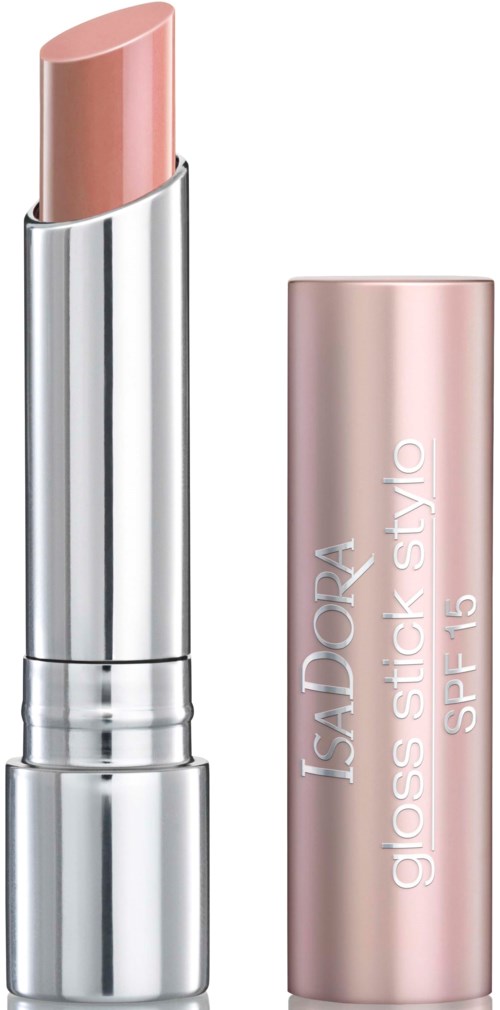 En ljus rosa läppstift i ett silver- och rosa rör, med korken bredvid. Det står IsaDora Gloss Stick Style SPF 15.