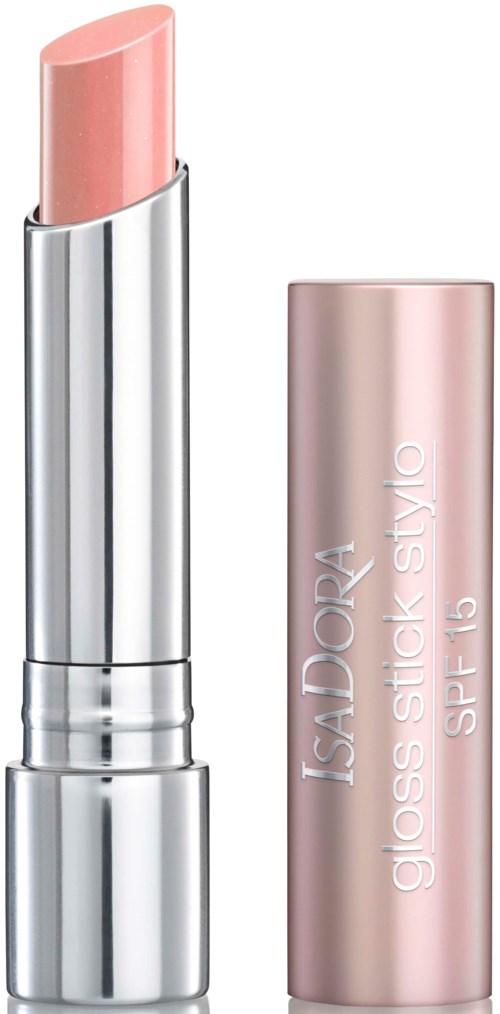 Läppstift i ljus rosa med silver- och rosa-rör, märkt 'ISADORA gloss stick style SPF 15' utan lock.