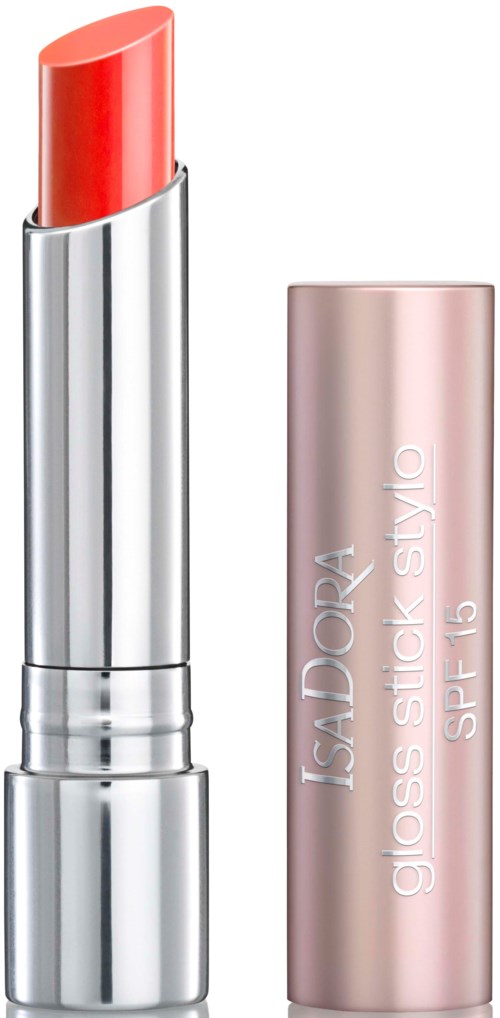 En persikfärgad läppstift i ett silverfodral och rosa lock, med texten "ISADORA gloss stick style SPF 15."