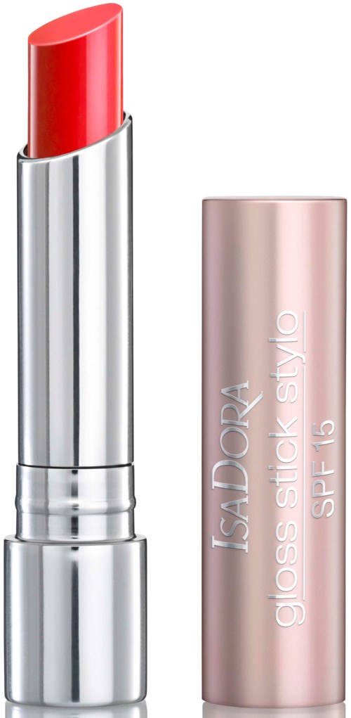En röd läppstift med silverhölje och rosa lock märkt med "ISADORA" och "gloss stick style SPF 15."