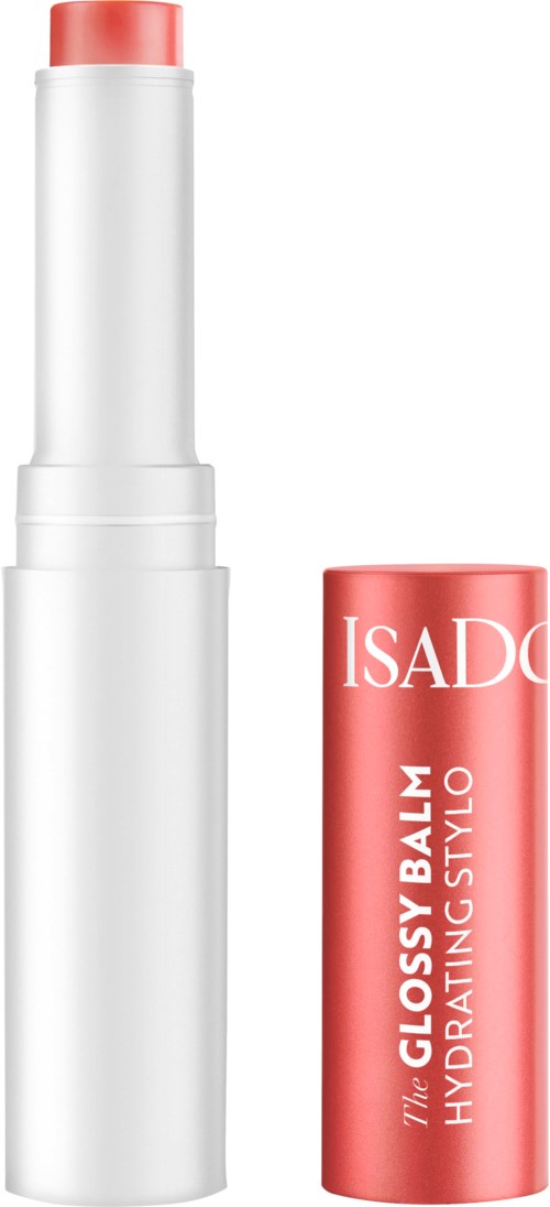 En hvit leppepommetube med rosa lokk og etikett. Etiketten sier "The Glossy Balm Hydrating Stylo".