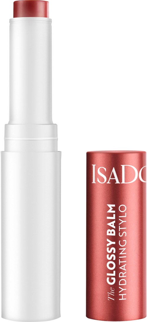 En hvit og rød leppepommetube med merking 'The Glossy Balm Hydrating Stylo'.