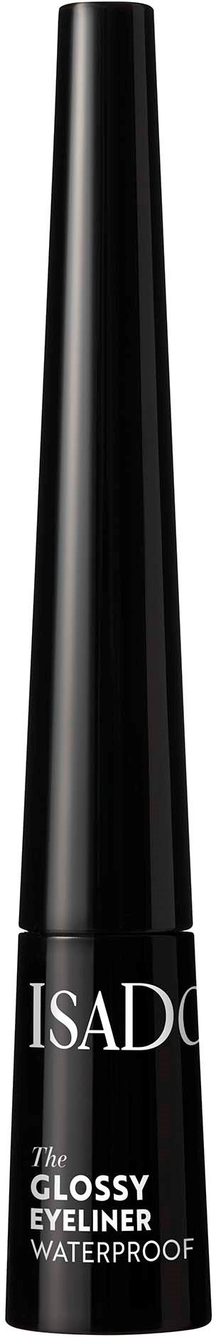 A black, tall, slim makeup eyeliner tube with white text displaying brand and product details.