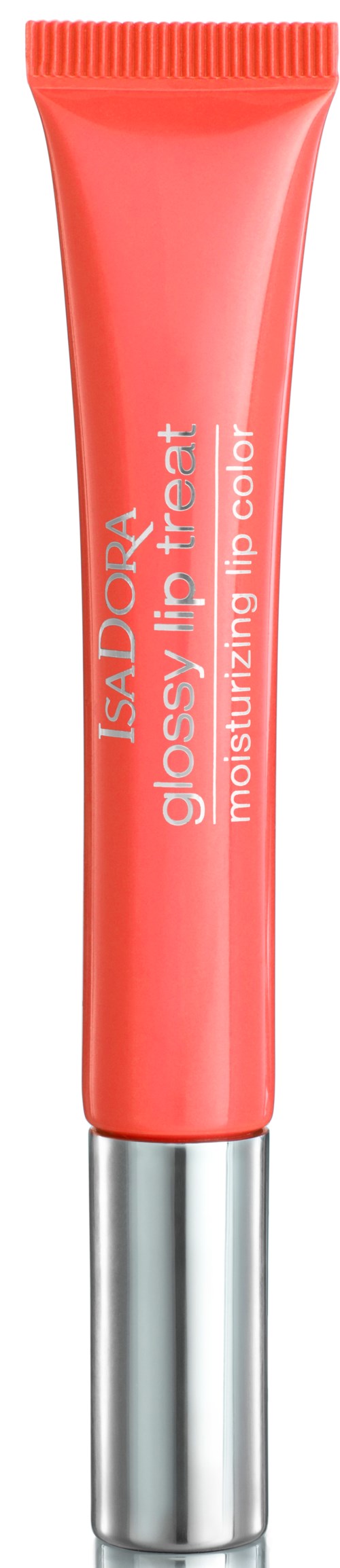 Koralli värinen tubi, jossa teksti 'ISADORA Glossify Lipstick Moisturizing Lip Color' ja hopeinen kierre.