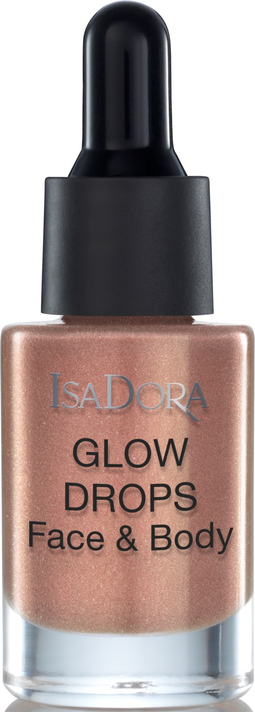 En flaska med glow drops ansikte och kroppsserum med svart lock och glänsande bronsfärgad vätska inuti.