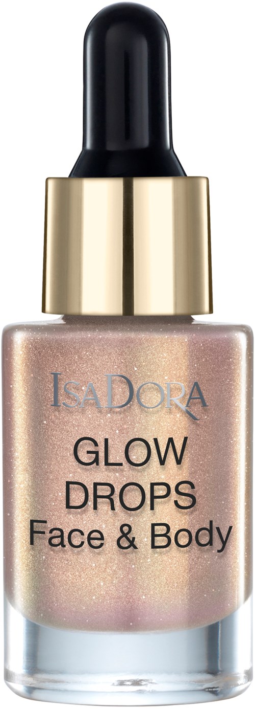 En flaska med dropptäckning märkt 'Glow Drops Face & Body' från IsaDora, innehållande skimrande flytande för huden.