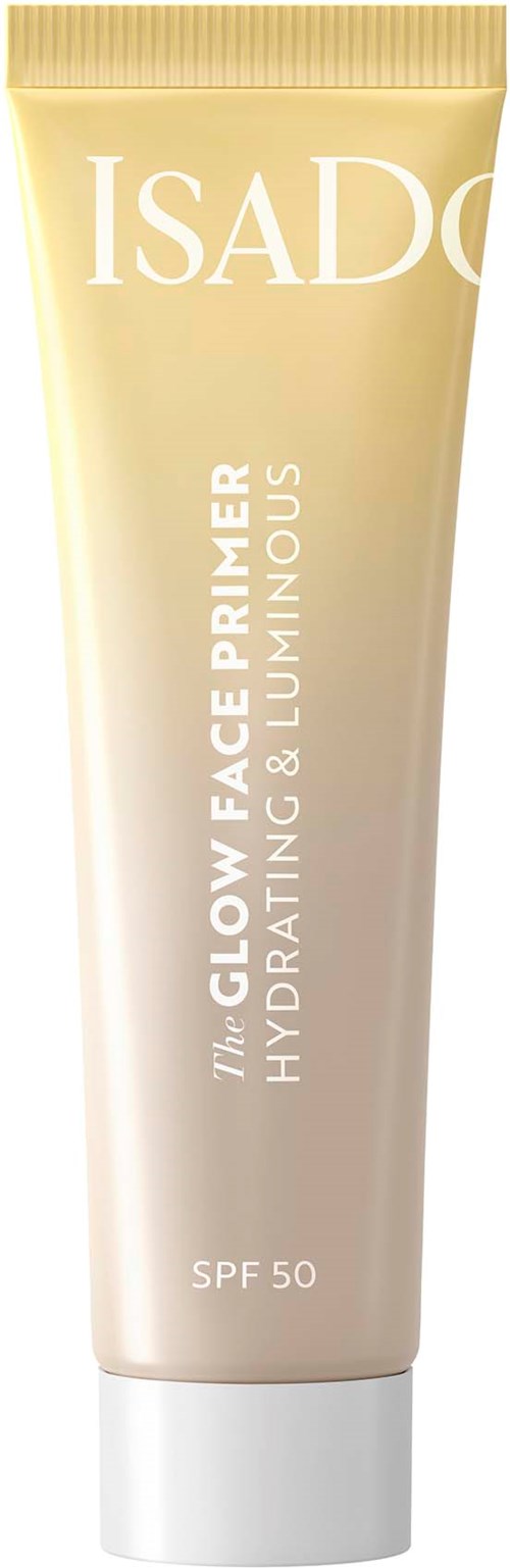 Beige putkilasi, jossa lukee Isadore Glow Face Primer SPF 50, kosteuttaa ja tekee ihosta hehkuvan.
