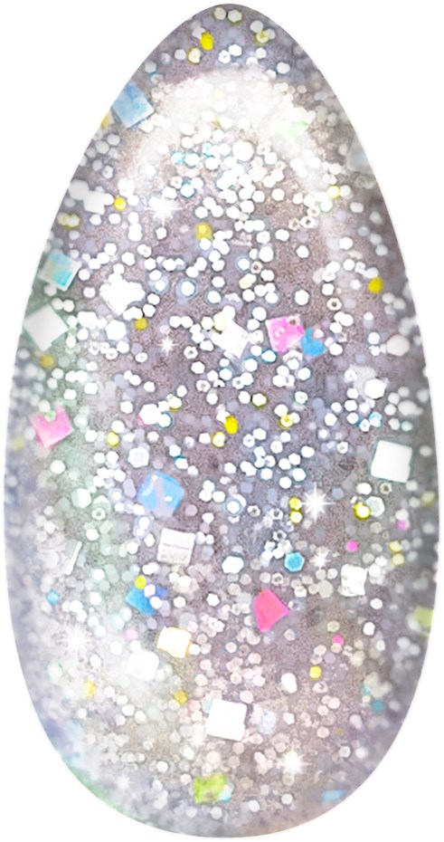Hohtava, ovaalin muotoinen kynsi sisältäen värikästä glitteriä ja pieniä neliön- ja pyöryläsomisia koristeita.