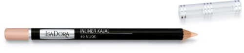 Ein schwarzer Make-up-Stift mit klarem Deckel, beschriftet 'INLINER KAJAL' und '49 NUDE', liegt auf einer weißen Oberfläche.