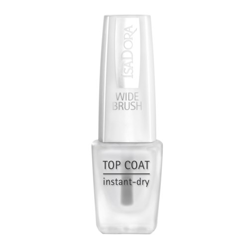 En tydlig nagellackflaska märkt 'Top Coat instant-dry' med vit lock och eget märke på.