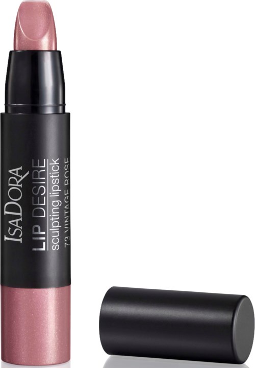 Ett läppstift med rosa färg, märkt 'IsaDora Lip Desire Sculpting Lipstick', visas med locket av.