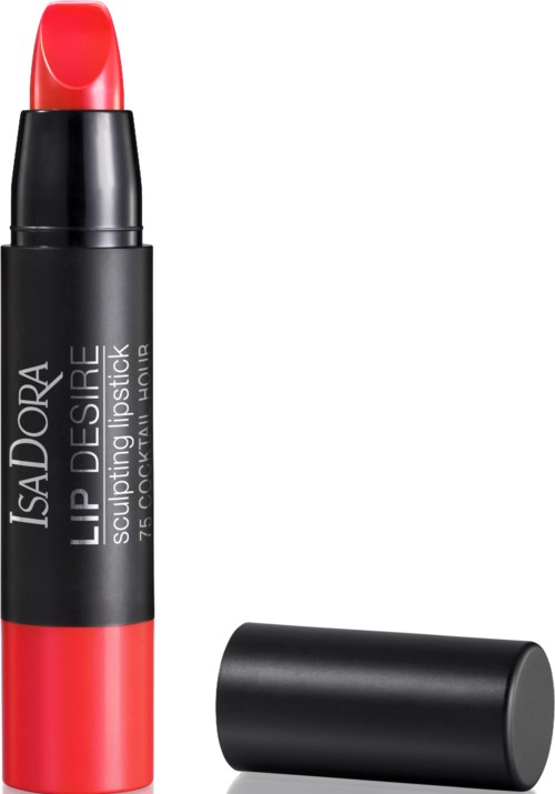 A lipstick with a red top, black body, and a cap lying next to it.