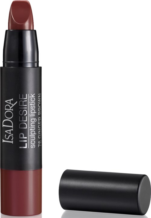 A lipstick with a black and dark red body, partially open showing the lipstick stick in a brownish shade.