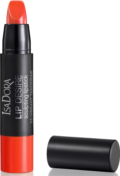 Lipstick in a black tube with red color on the top, label says 'IsaDora Lip Desire Sculpting Lipstick' and is open.