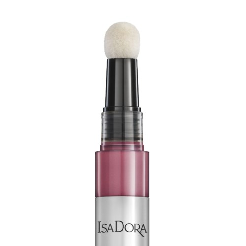 En makeupprodukt med borste upptill, rosa, silver och svart delar, och varumärkesnamnet Isa Dora.