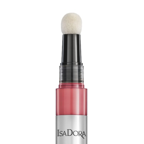 A lip gloss tube with a brush applicator and the brand name Isa Dora on the bottom. The gloss is pink.