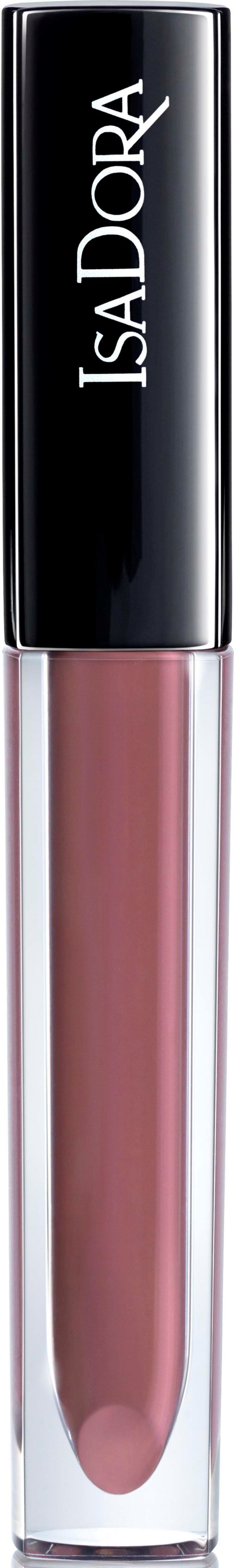 Ett läppglans med ett glänsande svart lock och genomskinlig tub som visar rosa-glans inuti.