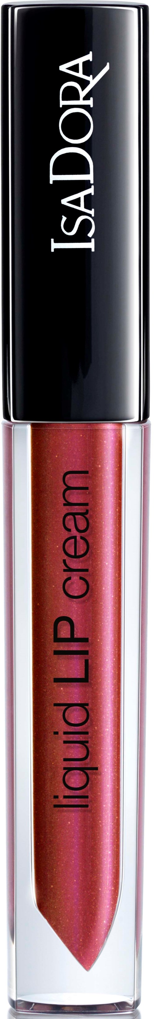 Ett läppstift med svart lock, genomskinlig kropp som visar rosa lip gloss, och röd text som säger 'liquid LIP Cream'.