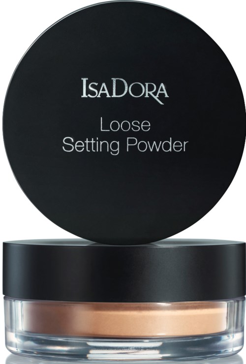 En rund svart behållare med en tydlig botten visar beige puder. Lockets text är vitt och lyder 'IsaDora Loose Setting Powder.'