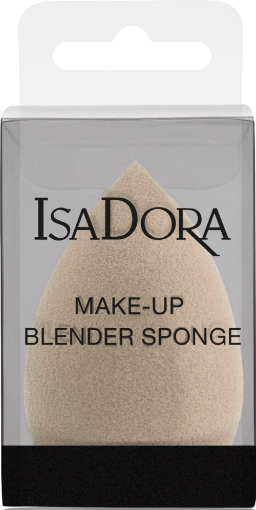 En makeupsvamp i ett tydligt plastpaket, märkt IsaDora, med beige svamp inuti.