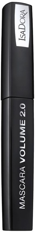 En svart tub med IsaDora mascara med vit text, märkt "VOLUME 2.0".