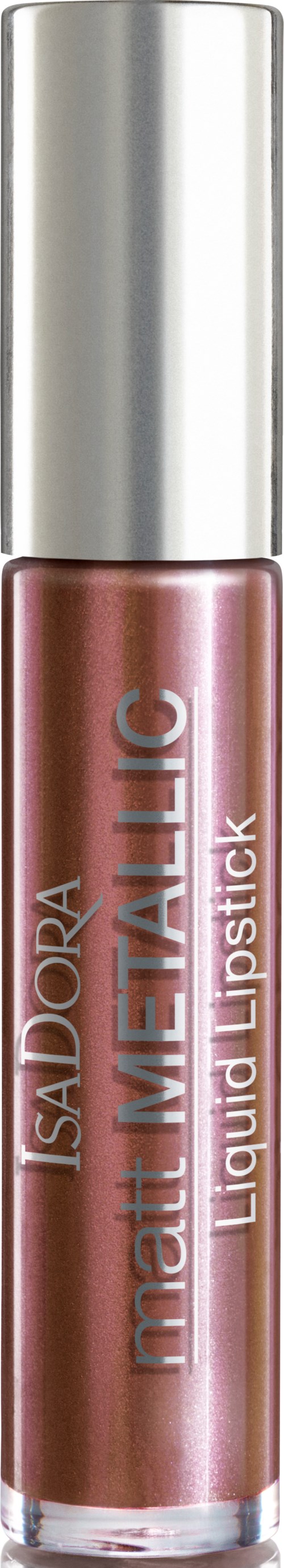 En flytande läppstift i en genomskinlig tub med en metallic lock, märkt 'ISADORA metallic LIQUID LIPSTICK'.