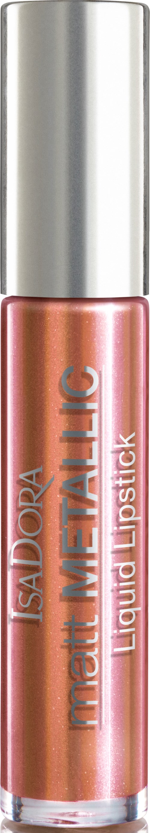 Ett läppgoss med ett metalliskt silverlock och en klar flaska som visar rosa läppglans. Etiketten säger 'ISADORA' och 'Liquid Lipstick'.