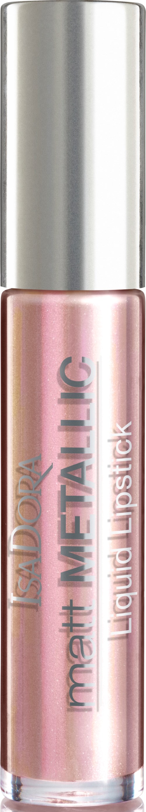 Ett rosa flytande läppglans i ett genomskinligt rör med en silverkeps, märkt 'Metallic' och 'Liquid Lipstick.'
