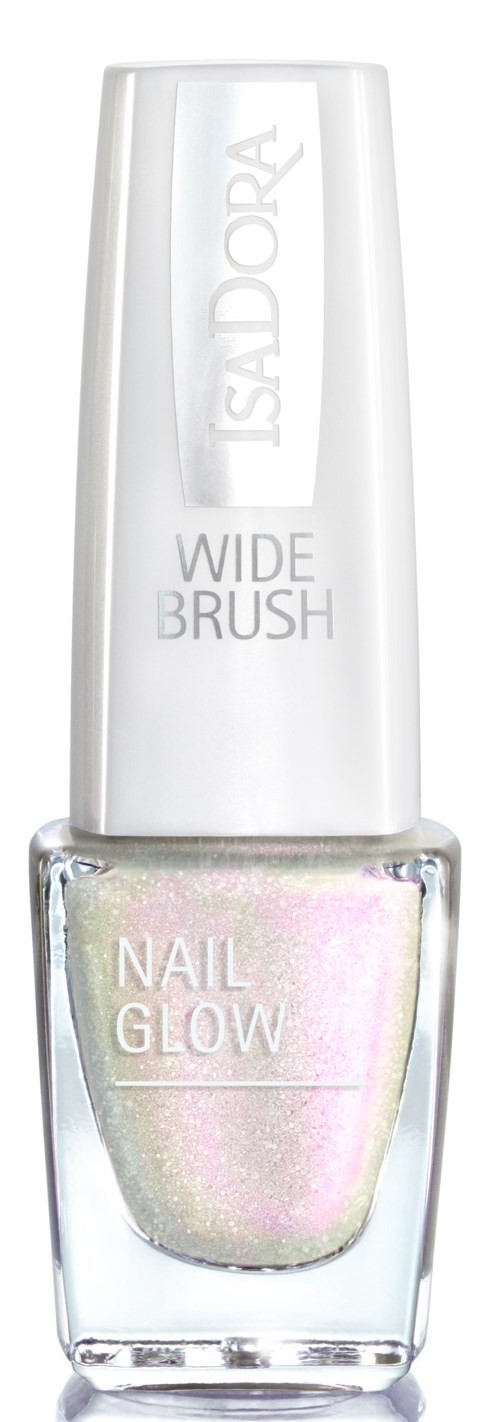En klar nagellackflaska med pärlemorskimmer och vit kork. Texten säger "NAIL GLOW" och "WIDE BRUSH."