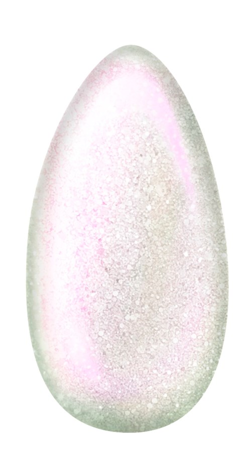 Ett stort ovalt föremål med en suddig, vit yta och rosa inslag.