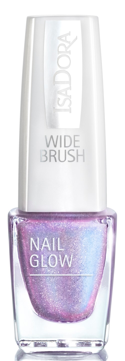En vit nagellackflaska märkt 'NAIL GLOW' med rosa och blå shimmer inuti.
