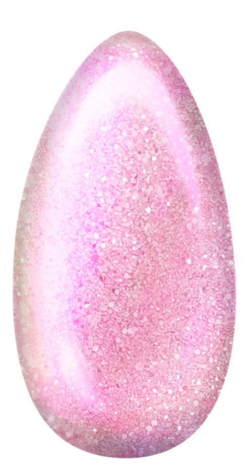 Rosa glitterpärlad droppformad sak med slät yta och glänsande utseende.
