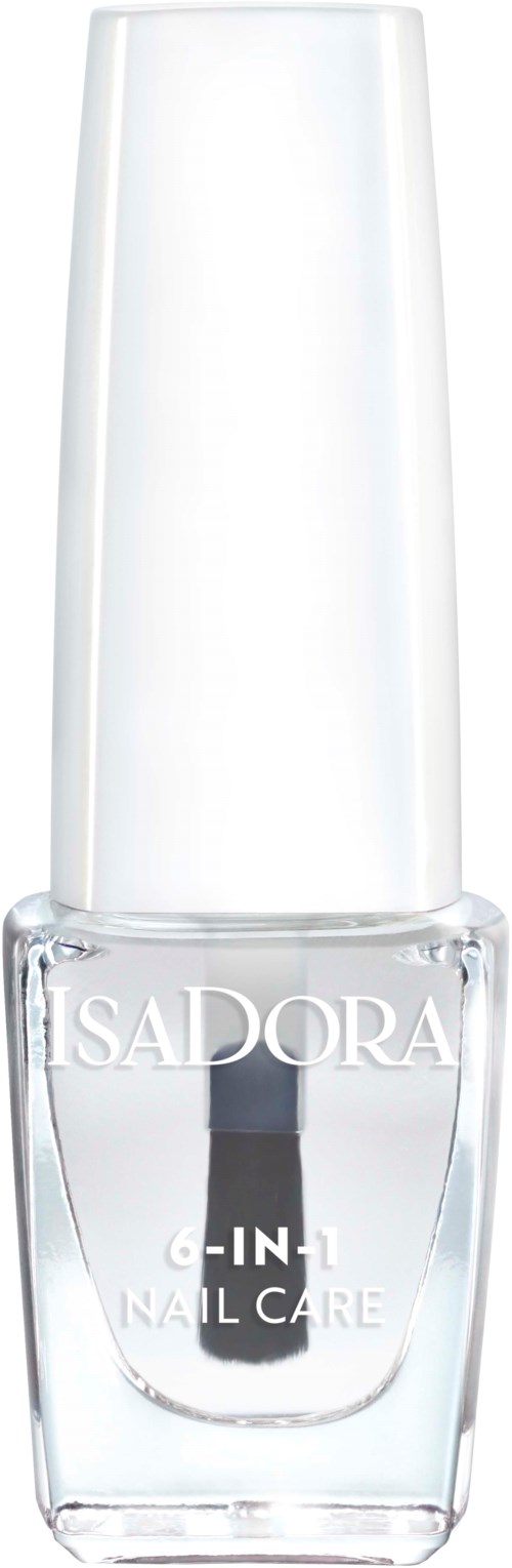 En transparent nagellackflaska med vit lock, märkt 'Isadora 6-in-1 Nail Care.'