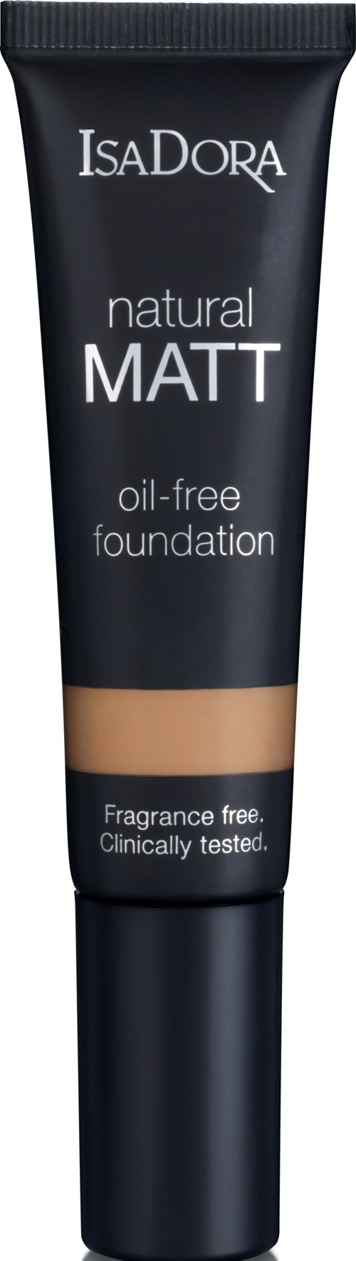 Svart tub med IsaDora naturlig matt oljefri foundation med beige rand och vitt text.