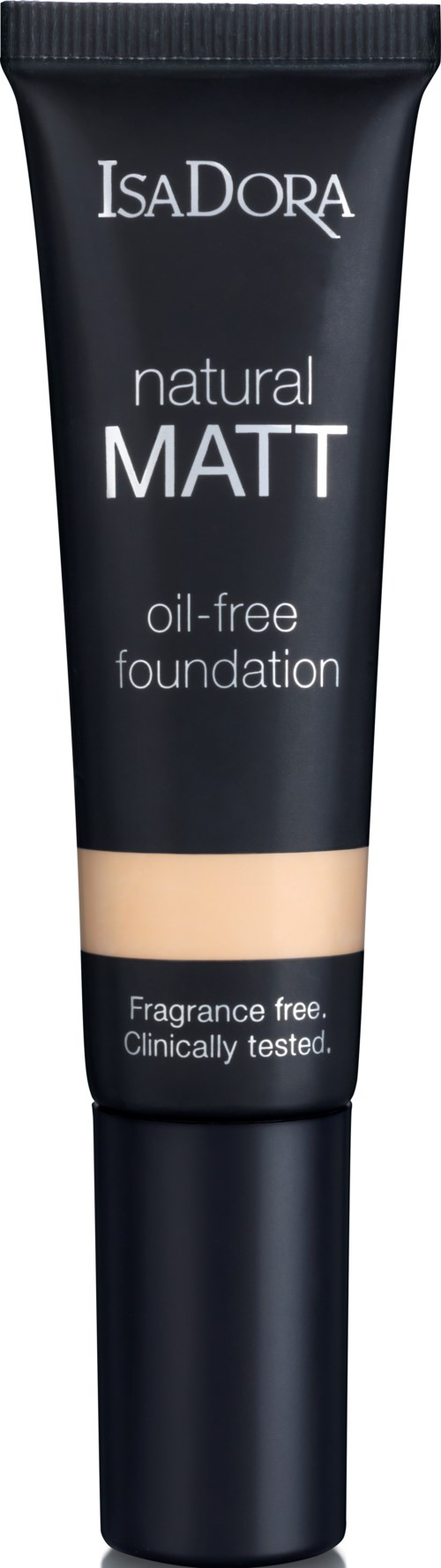 Black tube of IsaDora Natural Matte oil-free foundation with beige shade build-up. Text says fragrance-free, tested.