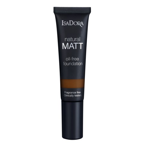 En svart tub med IsaDora natural MATT oljefri foundation med en etikett som visar produktdetaljer.