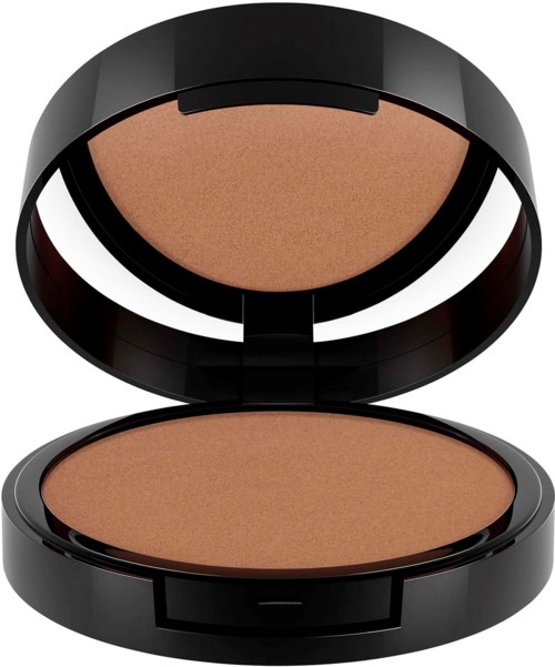 A compact with a pressed powder inside, likely for makeup application.