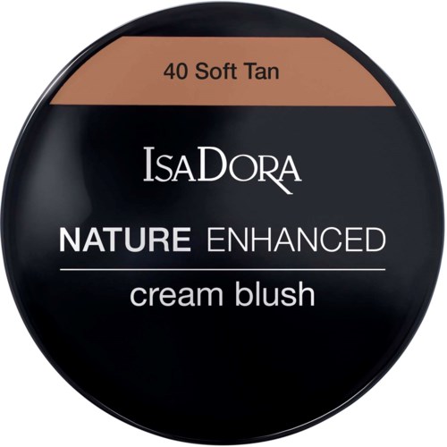 A round makeup product with shades named Soft Tan and a label for IsaacDora's Nature Enhanced cream blush.