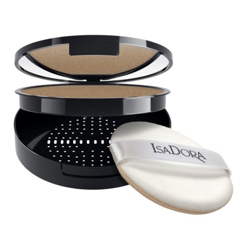 En svart kompaktspegel med puder och en vit puff med märket isadore.
