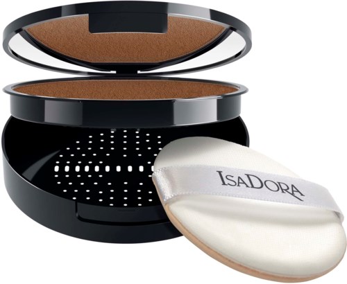 En kompakt makeuppuder med svamp, runt svart hölje och delade sektioner inuti.