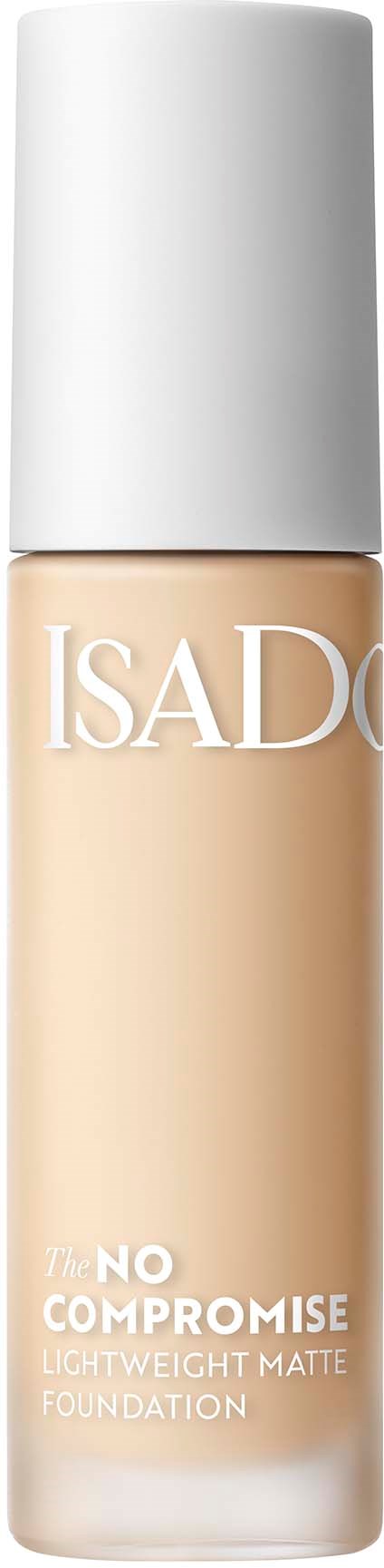 En flaske med Isadore letvægtsmat foundation med hvid hætte og beige væske indeni.