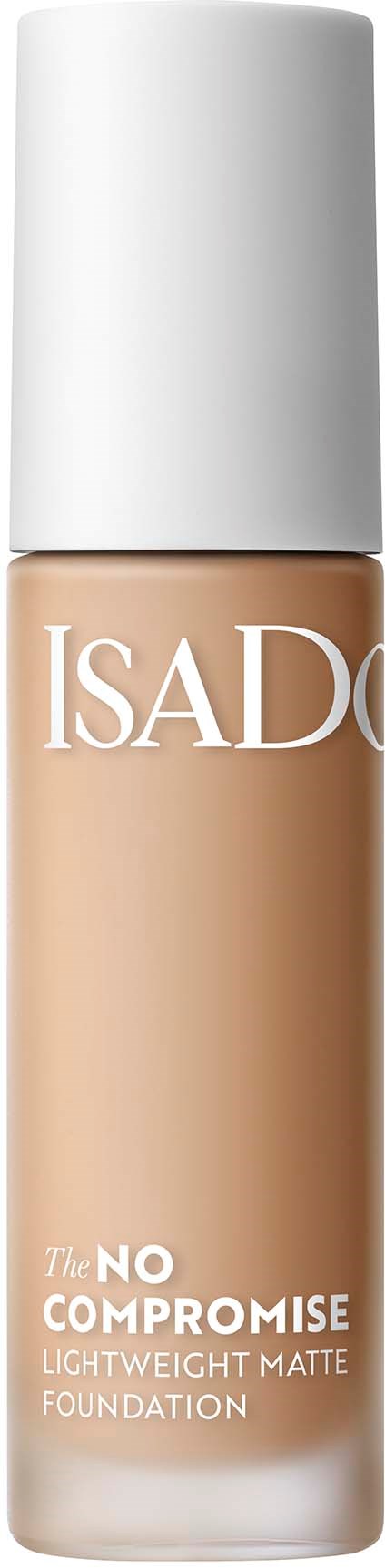 En beige foundationsflaske med hvid låg, mærket 'ISADORA' og 'The NO COMPROMISE LIGHTWEIGHT MATTE FOUNDATION'.