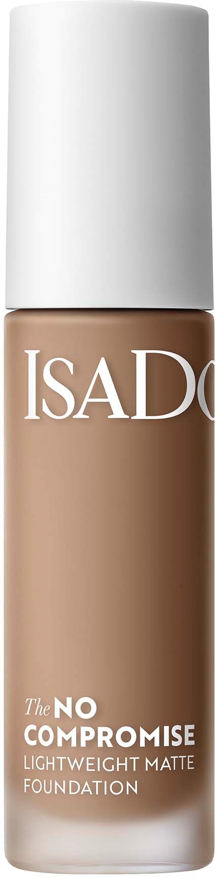 En flaske af ISAD kosmetisk foundation, mærket som letvægtsmatte foundation, i beige farve med hvid hætte.