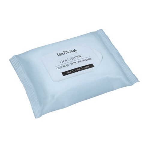 En hvid pakke med makeupfjernerklude mærket til læber, øjne og ansigt fra mærket IsaDora.