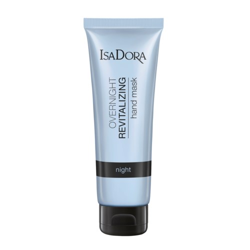En ljusblå tub märkt IsaDora Overnight Revitalizing Hand Mask Night. Svart band med ordet 'night' nära botten.