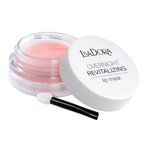 En liten rosa läppmaskbehållare med en svartvit applikator, märkt "ISADORA OVERNIGHT REVITALIZING lip mask."