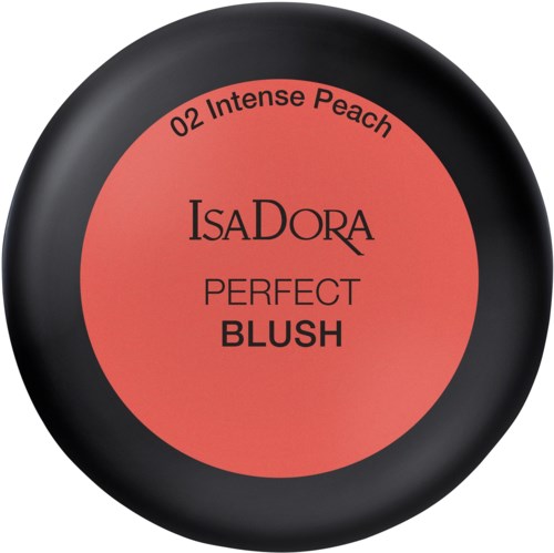 En rund blush-beholder merket 'Isadora Perfect Blush' med nyansen '02 Intense Peach', svart kant og rosa-oransje sentrum.