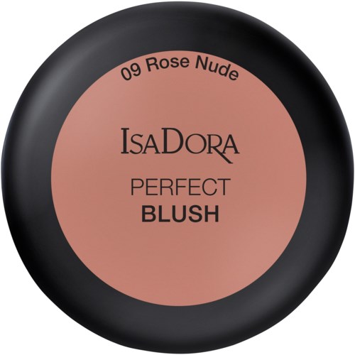 En rund blushbehållare med svart lock, märkt 'ISADORA PERFECT BLUSH' i mitten. Det antyder en nyans som heter '09 Rose Nude.'